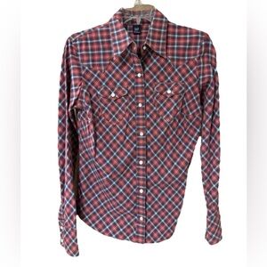 Gap Red & Blue Plaid Western Pearl Snap Long Sleeve Shirt Size 4 Vintage Y2K